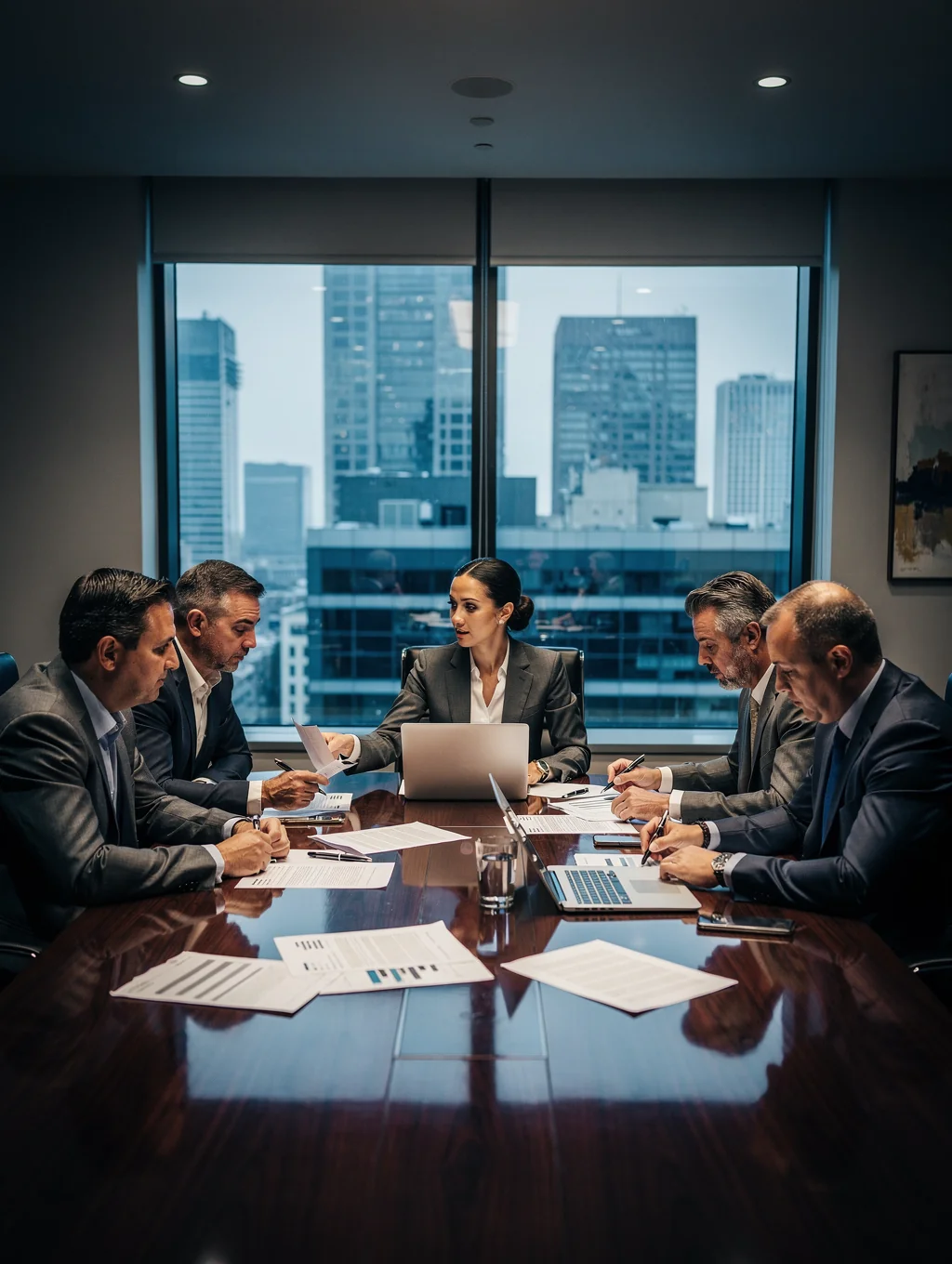 Senior partners reviewing corporate legal strategy in executive boardroom